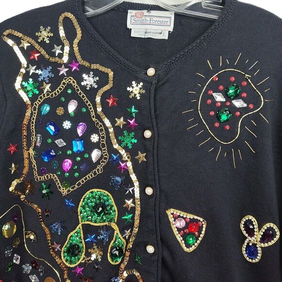 Vintage Smith-Forester Sequined Button-Up Women's Cardigan, Sz L, Black - Picture 2 of 9